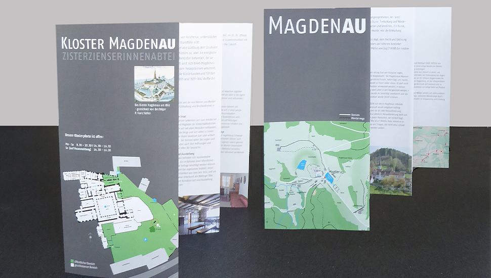 Doppelseitiger Flyer Magdenau: Gestaltung/Text analog Informationsstelen Kloster Magdenau und Weiler Magdenau